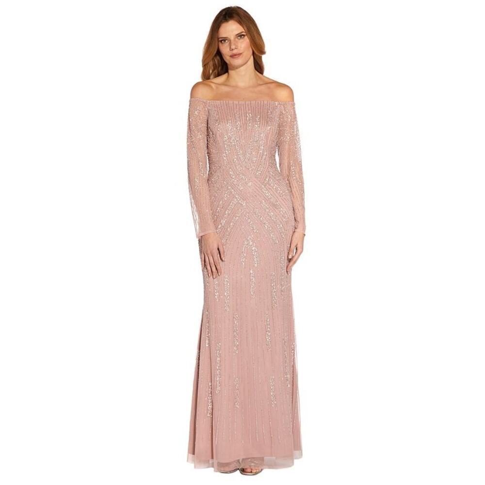 Adrianna Papell Women's Pink Sequin Off-The-Shoulder Long Sleeve Maxi Gown 6